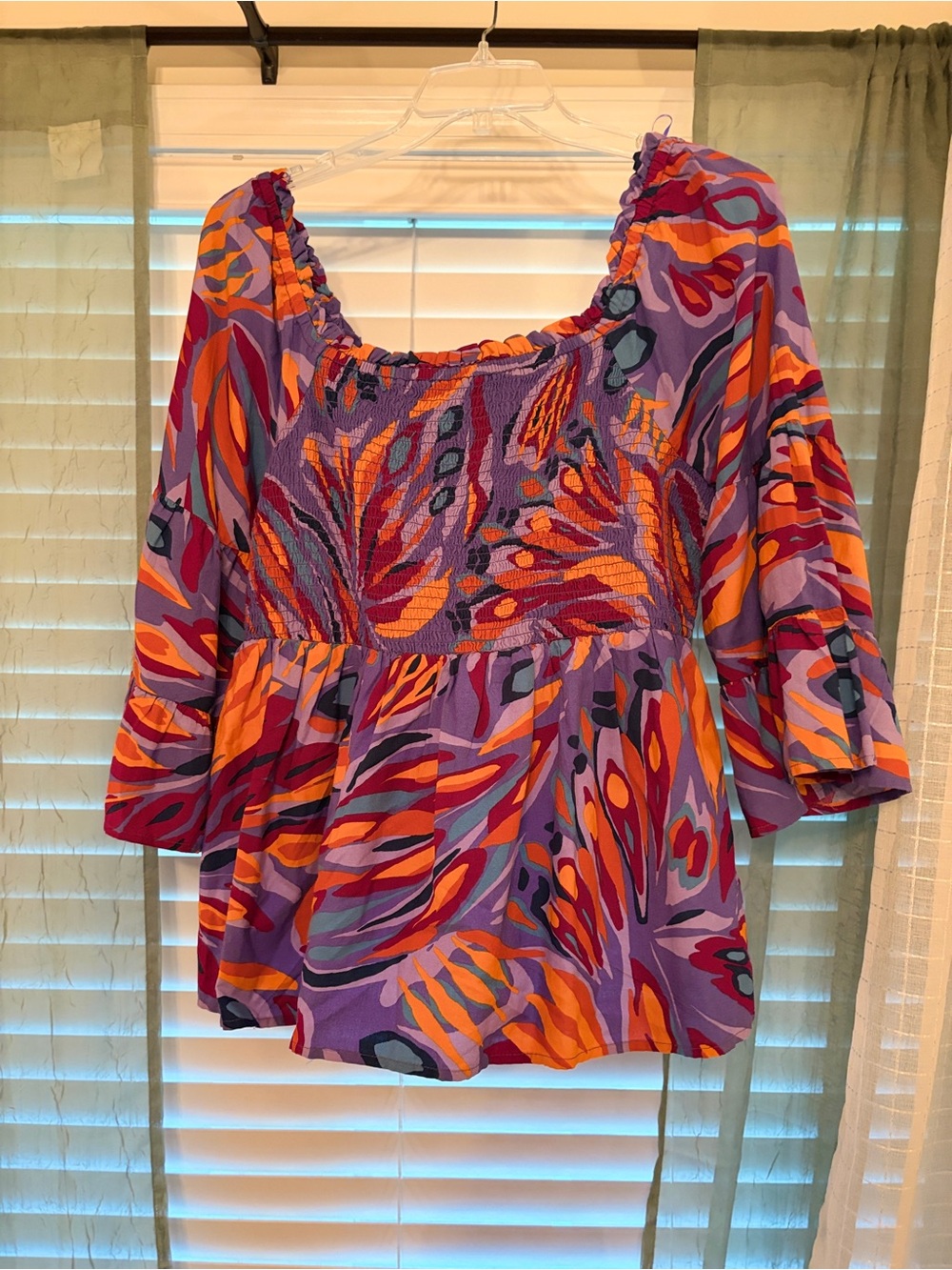 Terra & Sky Purple Floral-Print Smocked Peasant Top Boho